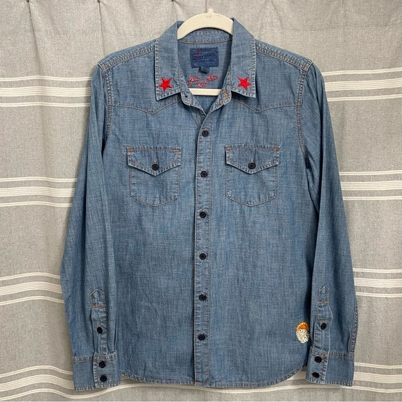 LUCKY BRAND / Embroidered Chambray Western Shirt Long Sleeve Button Down Size M - Picture 3 of 14
